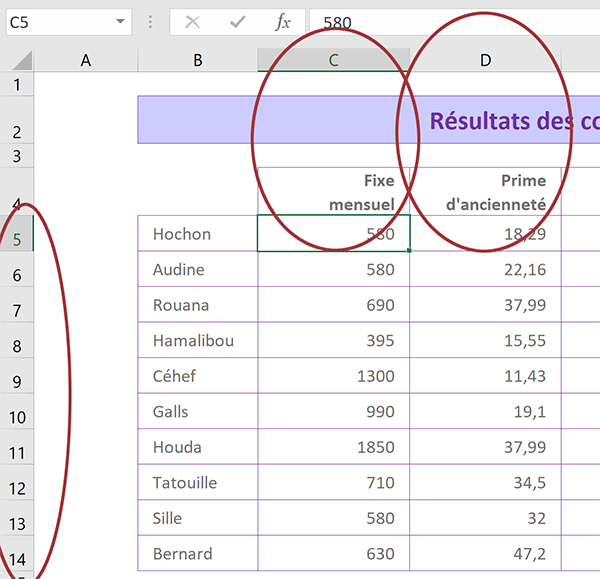 Tableau Excel des salaires fixes et primes ancienneté pour commerciaux entreprise