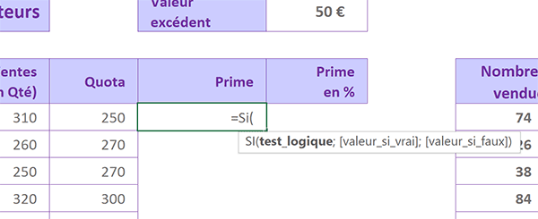 Info-bulle Excel pour aider à renseigner les arguments de la fonction conditionnelle Si