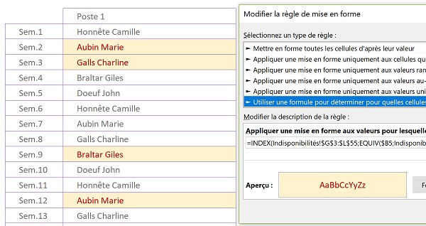 Repérer automatiquement salariés absents sur dates précises pour affectations aux postes de travail