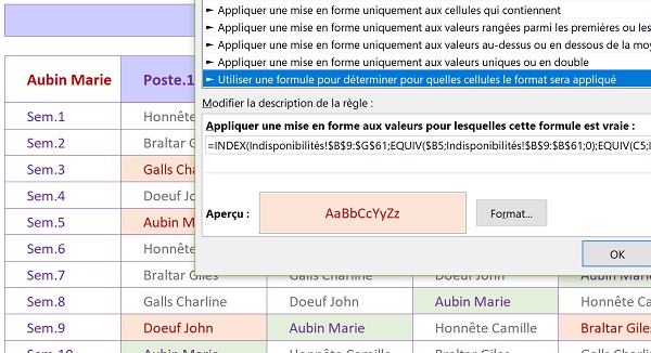 Repérer automatiquement les indisponibilités et absences des salariés dans tableau Excel par mise en forme conditionnelle