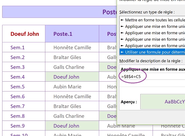 Repérage dynamique des salariés répartis automatiquement par roulements dans un tableau Excel