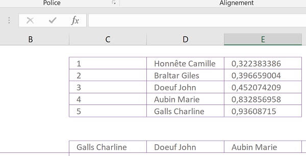 Tableau Excel des salariés à trier aléatoirement pour affectations de poste aléatoirement