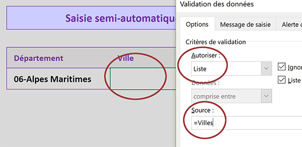 Lier une liste déroulante Excel à une plage de cellules au contenu variable et dynamique