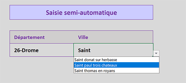 Saisie semie-automatique dans liste déroulante Excel avec suggestions intuitives