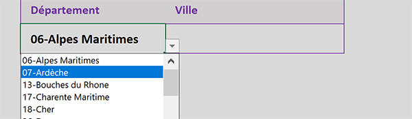 Choix département dans liste déroulante Excel