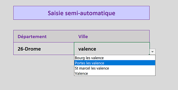 Liste déroulante Excel avec propositions intuitives adaptées à la saisie des premières lettres