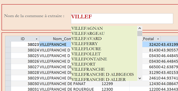 Aide saisie moteur recherche VBA Access, suggestions intuitives