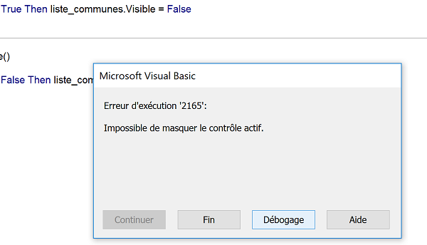 Erreur Visual Basic Access, échec pour masquer un contrôle actif