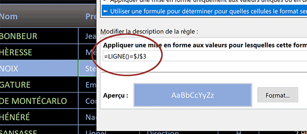 Règle de mise en forme Excel pour appliquer une couleur automatique sur la ligne de la valeur cherchée