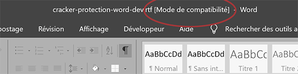 Document Word protégé transformé dans le format RTF et affiché en mode compatibilité