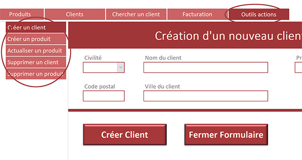 Outils actions sur données de la base Access regroupés dans un formulaire avec navigation verticale par onglets
