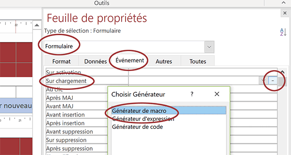 Déclencher des actions de macros au chargement du formulaire Access grâce à la feuille de propriétés