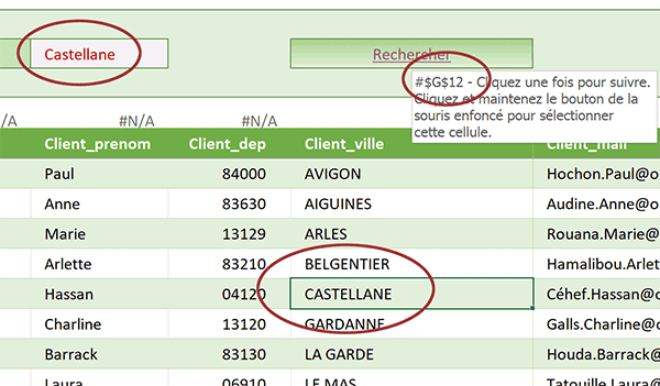 Pointer sur la ligne cherchée dans le tableau Excel en fonction du mot clé de recherche tapé