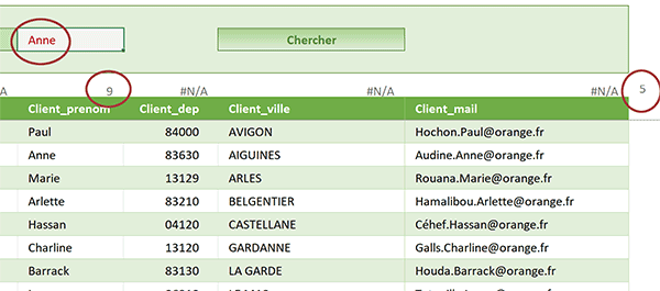 Calculs Excel pour idenfier les indices de ligne et de colonne afin de connaître la rangée de recherche