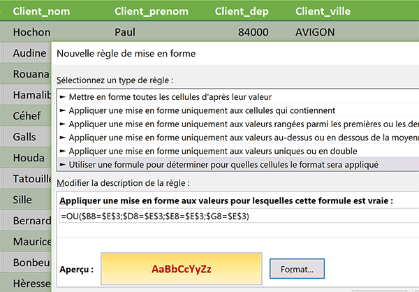 Règle de mise en forme conditionnelle Excel pour surligner la ligne cherchée par mot clé