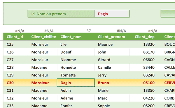 Repérer dynamiquement en dégradé de couleurs la ligne recherchée dans le tableau Excel