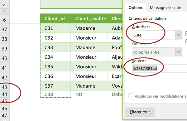 Créer une liste déroulante des identifiants clients pour les chercher plus facilement dans le tableau Excel