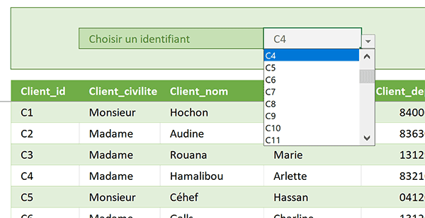 Liste de choix Excel des références clients à trouver dans le tableau