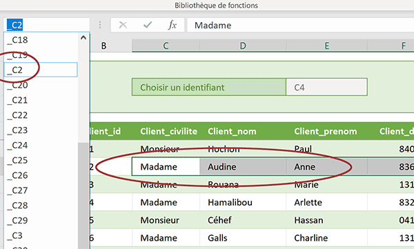 Noms des lignes du tableau Excel pour les pointer par formule