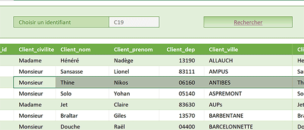 Pointer sur la ligne recherchée dans tableau Excel au choix référence dans liste déroulante