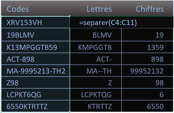 Fonction VBA Excel pour séparer les chiffres des lettres