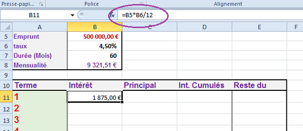 Calculer intérêts prêt Excel à rembourser