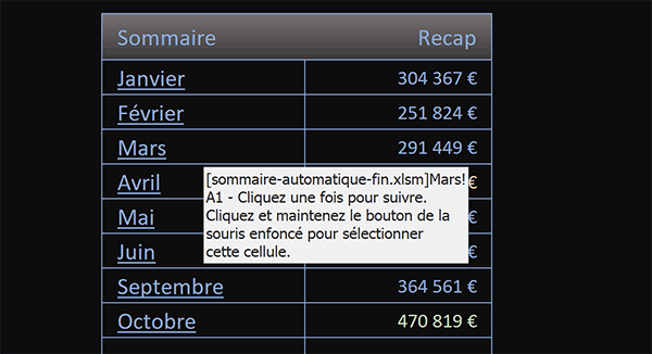 Sommaire automatique cliquable des noms des feuilles du classeur Excel