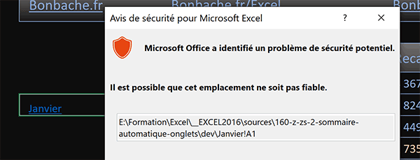 Message alerte Excel au clic sur un lien hypertexte incorrect