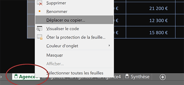 Options de feuilles Excel par clic droit sur un onglet