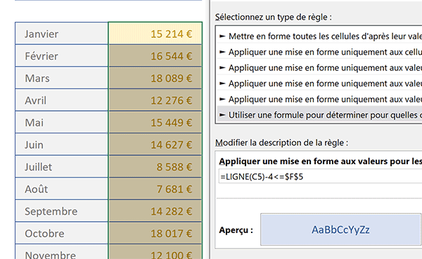 Mise en forme conditionnelle Excel pour surligner automatiquement les cellules de la période choisie avec la liste déroulante