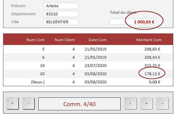 Calculer le total des commandes par client sur un formulaire Access avec la fonction SomDom
