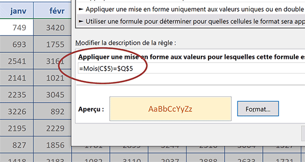 Mise en forme conditionnelle Excel pour surligner dynamiquement la colonne du mois choisi avec la liste déroulante