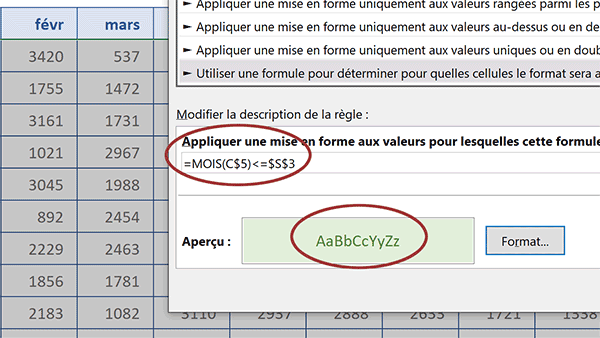 Mise en forme conditionnelle Excel pour faire ressortir dynamiquement et visuellement la plage variable du calcul