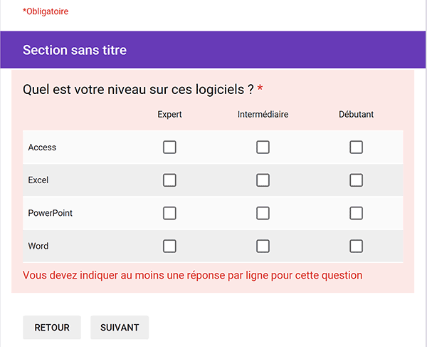 Grille de réponses pour évaluations multiples, enquête en ligne Google