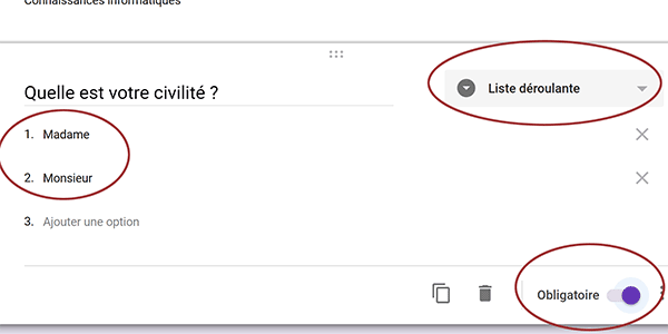 Choix de réponse obligatoire par liste déroulante dans sondage en ligne Google Sheets