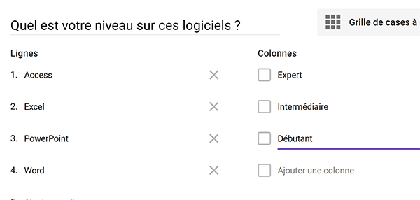 Réponses sous forme évaluation pour sondage Web Google par mode grille