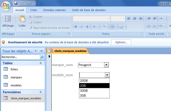 formulaire access listes déroulantes