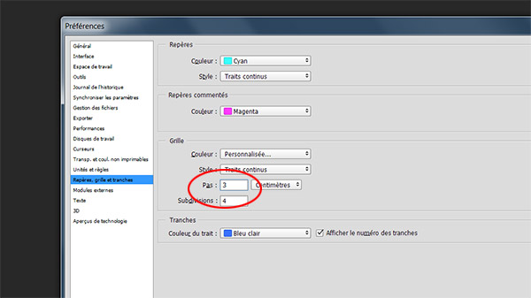 Réglages de la grille avec Photoshop