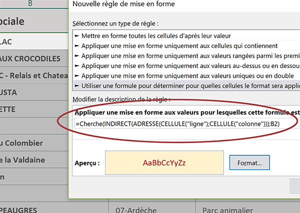 Règle de mise en forme conditionnelle Excel pour repérer visuellement les cellules au contenu similaire à celle cliquée dans le tableau