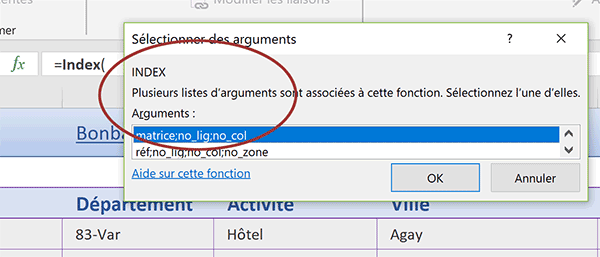 Choisir fonction Excel Index pour extraction avec assistant fonction