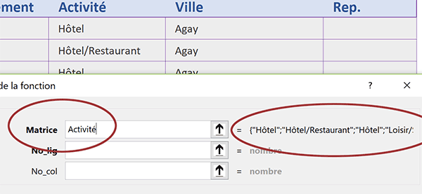 Désigner le nom de la matrice pour formule extraction avec assistant fonction Excel