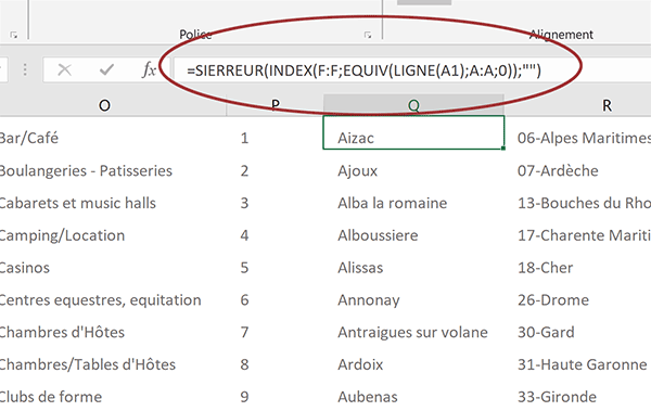 Calcul Excel extraction des villes associées au code postal