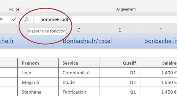 Appeler assistant fonction Excel pour aider à construire formule matricielle avec assistant fonction SommeProd
