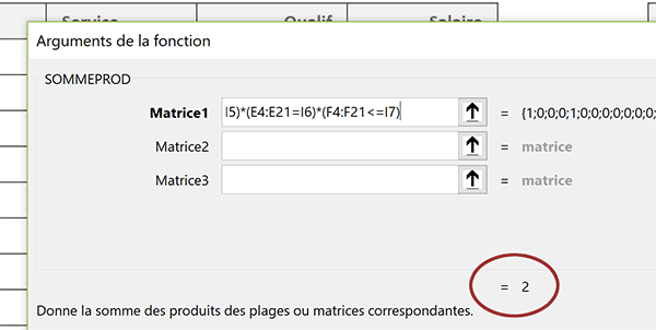 Résultat du dénombrement sur de multiples critères recoupés dans la fonction matricielle SommeProd avec assistant fonction