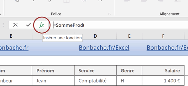 Bouton assistant fonction Excel pour aider à construire formule matricielle avec SommeProd