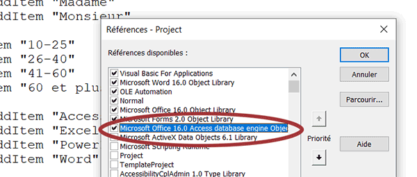 Liaison entre une base de données Access et un projet VBA Word