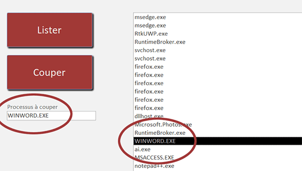 Récupérer le nom du processus Windows cliqué depuis un formulaire Access