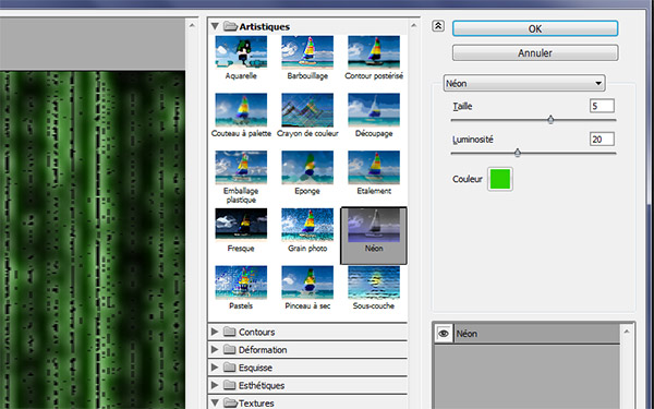 Filtre artistique Néon sur texture grain Photoshop