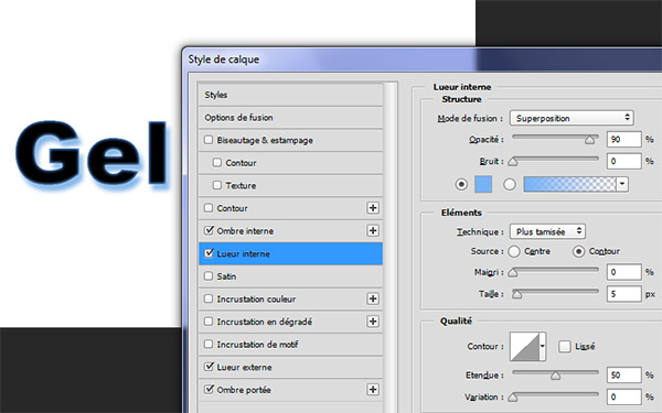 Style de calque Lueur interne sur texte Photoshop
