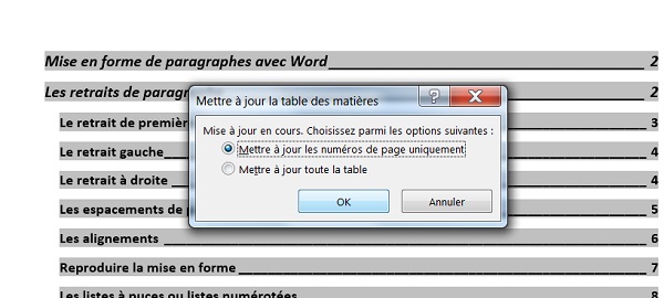 Actualisation numérotation sommaire Word